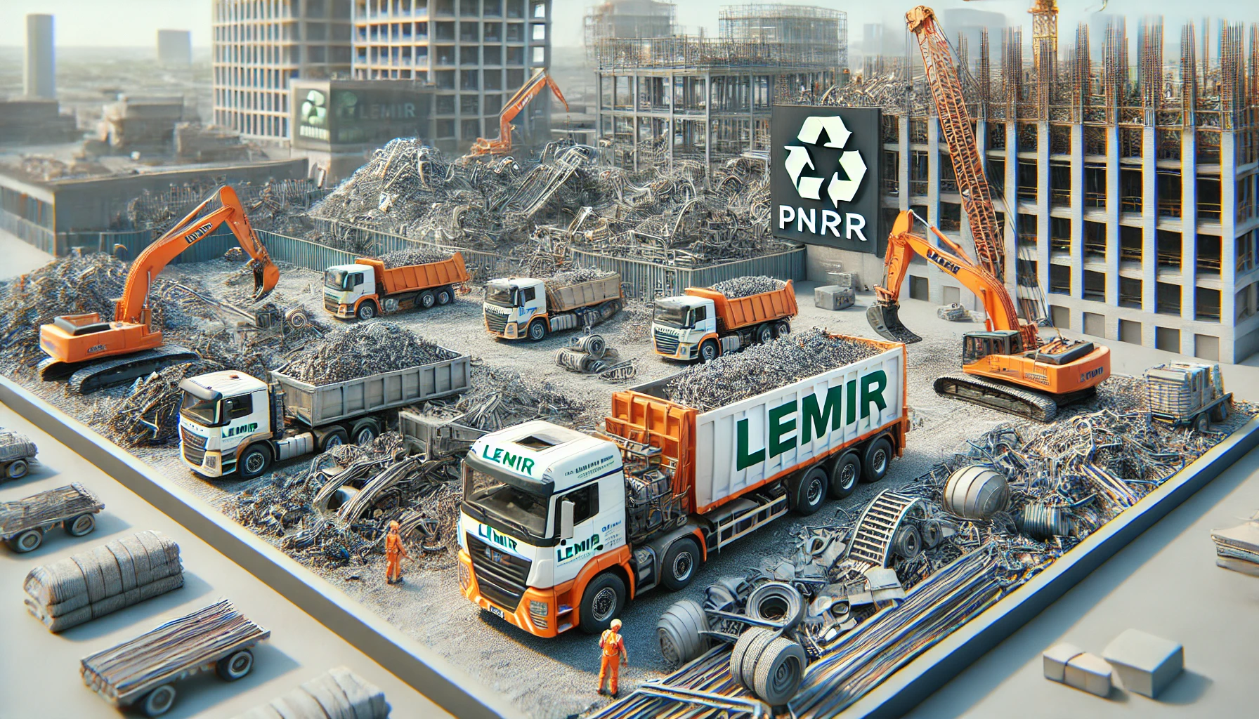 GESTIONE DI RIFIUTI DI CANTIERE PNRR IMMAGINE CREATA CON ai CASSONI CONAITNER CAMION LEMIR EDILIZA SOSTENIBILITA